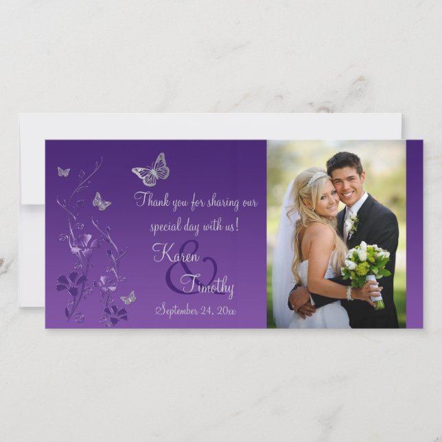 Tarjeta fotográfica Purple, Silver Butterfly Boda  (Anverso)