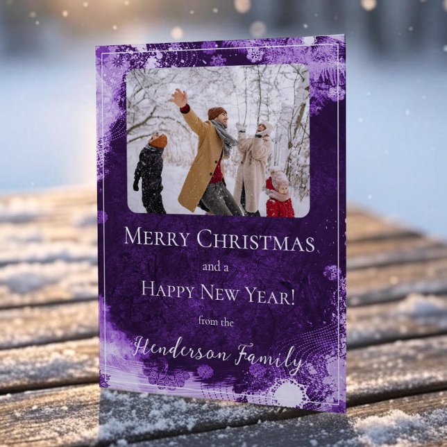 Tarjeta fotográfica Purple Snowflakes Flat Holiday (Purple Snowflakes Flat Holiday Photo Card)