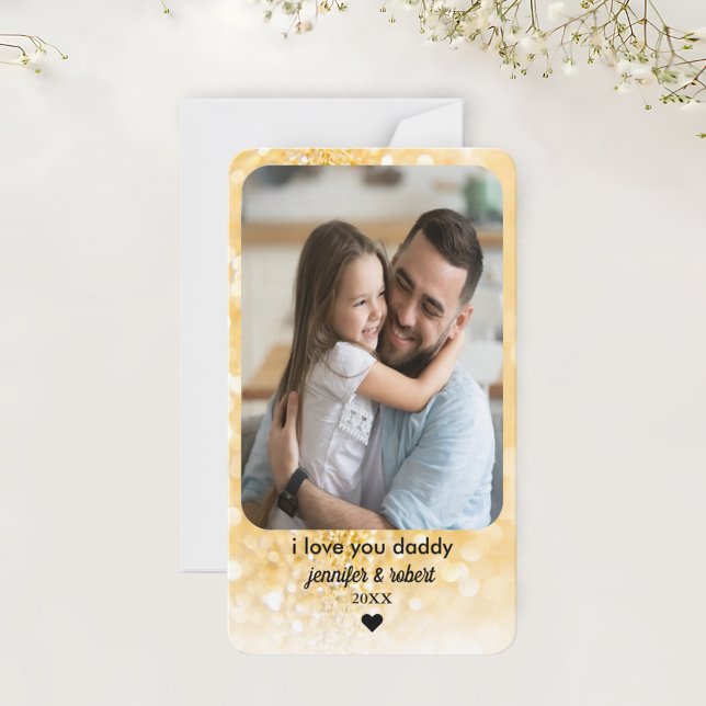 Tarjeta fotográfica Purpurina de oro personalizado (Custom Gold Glitter Photo Card | Father's Day Card)