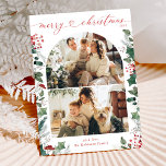 Tarjeta fotográfica Red and Bright Merry Christmas<br><div class="desc">Esta moderna tarjeta navideña Merry cuenta con 2 de sus fotos favoritas con elegantes botánicos de invierno y un guión para el corazón de caligrafía. Para realizar cambios avanzados,  seleccione Personalizar -> Editar usando la herramienta Diseño.</div>