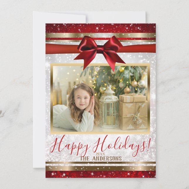 Tarjeta fotográfica Red Bow Gold White Sparkle (Anverso)