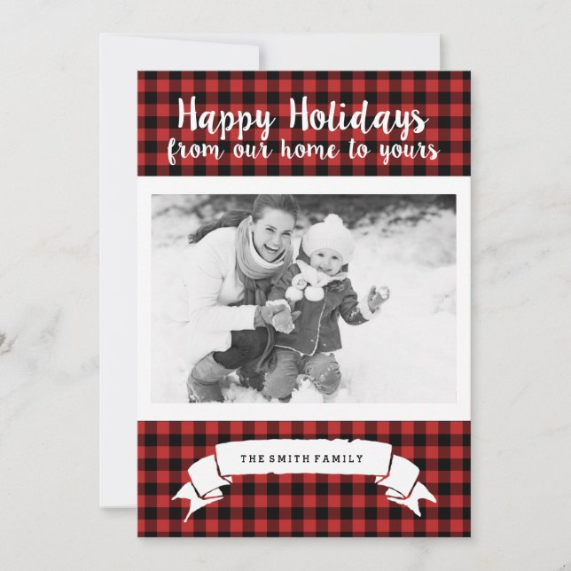 Tarjeta fotográfica Red Buffalo Plaid Happy Holida (Anverso)