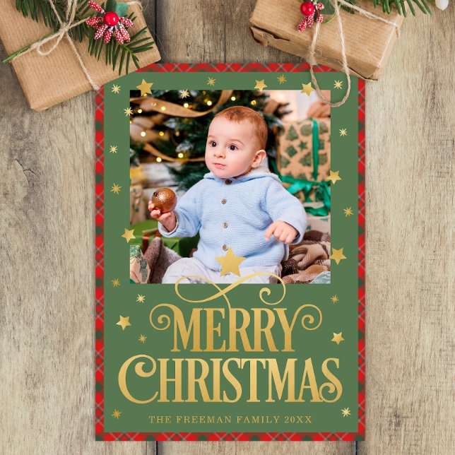 Tarjeta fotográfica Red Green Gold Merry Christmas (Classic Merry Christmas Photo Greeting Card)