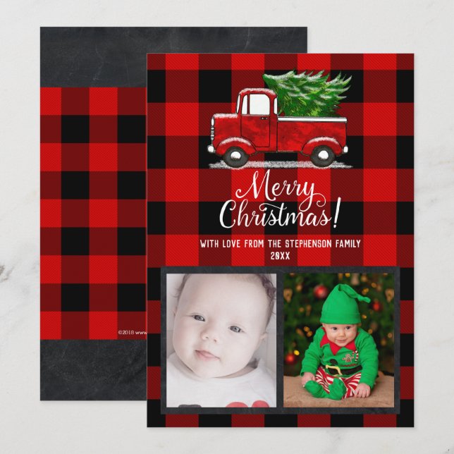 Tarjeta fotográfica Red Pickup Truck Merry Christm (Anverso / Reverso)