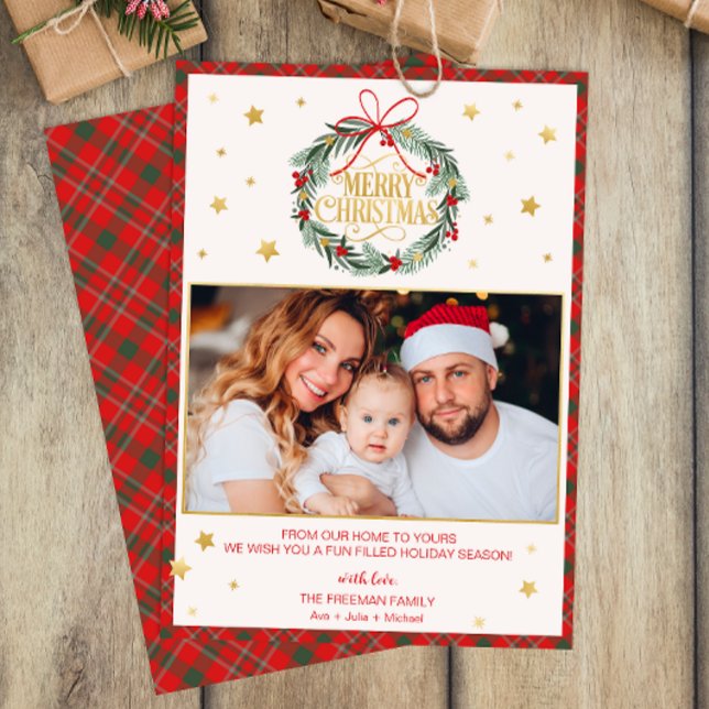 Tarjeta fotográfica Red Plaid Merry Christmas (Personalized Christmas Card)
