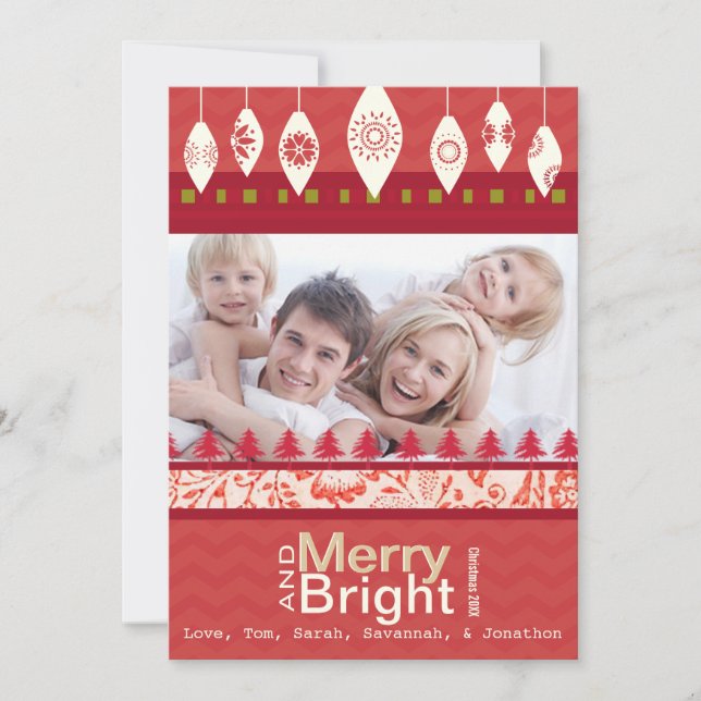 Tarjeta fotográfica Red Retro Merry y Bright Famil (Anverso)