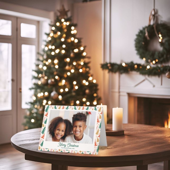 Tarjeta fotográfica Retro Christmas Tree Holiday (Retro Christmas Trees Holiday Photo card)