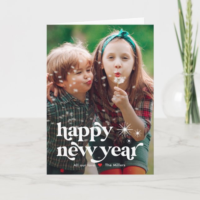 Tarjeta fotográfica Retro Vibe Feliz Año Nuevo (Anverso)