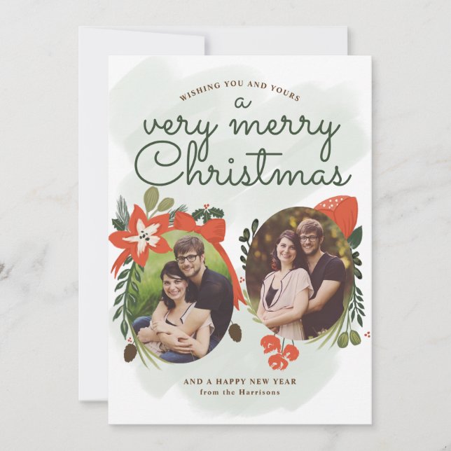 Tarjeta fotográfica retro vintage floral de Navida (Anverso)