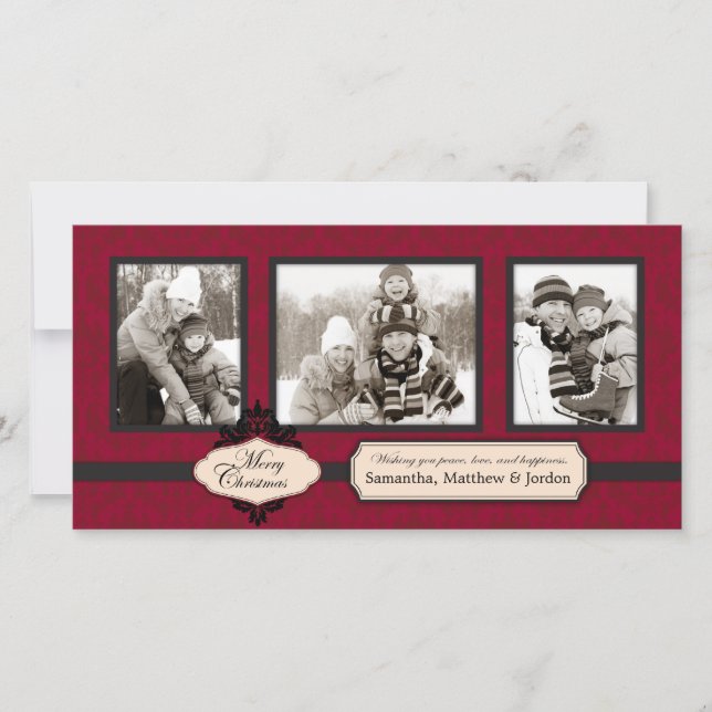 Tarjeta fotográfica roja Brocade para navidades (Anverso)