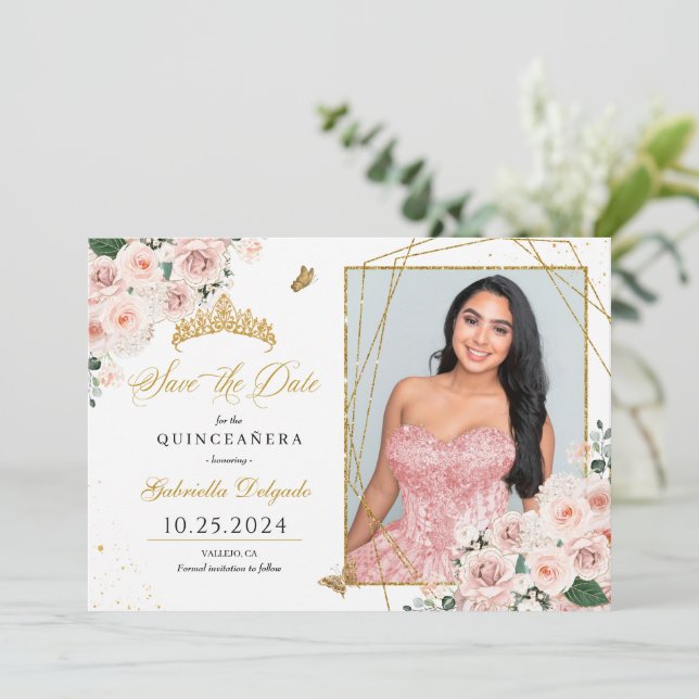 Tarjeta fotográfica rosa y dorada Quinceañera Guar (Anverso de pie)
