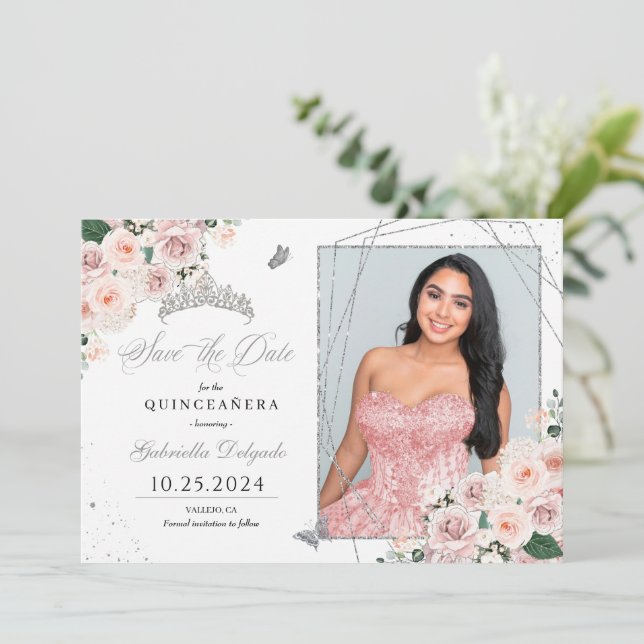 Tarjeta fotográfica rosa y plata Quinceañera Guard (Anverso de pie)