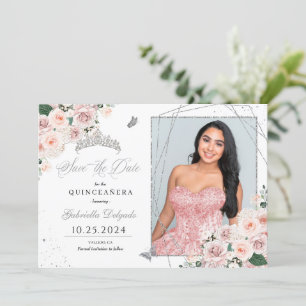 Tarjeta fotográfica rosa y plata Quinceañera Guard