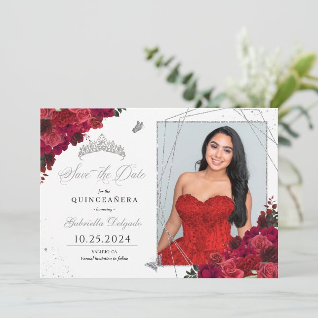 Tarjeta fotográfica Roses Rojos Quinceañera Guarda (Anverso de pie)