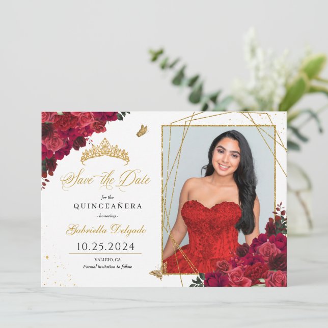 Tarjeta fotográfica Roses Rojos Quinceañera Guarda (Anverso de pie)