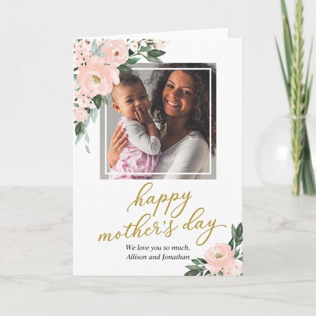 Tarjeta fotográfica Rubor Pink Floral Happy Mother (Anverso)