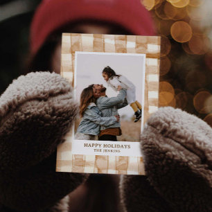 Tarjeta fotográfica Rustic Happy Holiday Gingham P