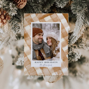Tarjeta fotográfica Rustic Happy Holidays Plaid