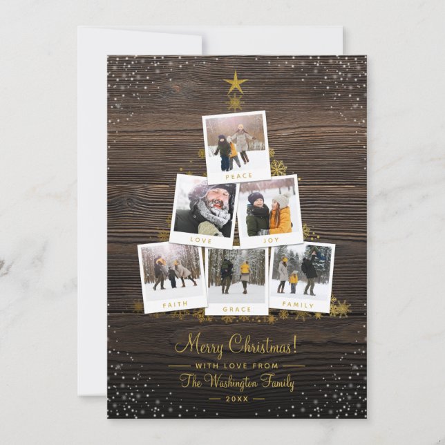 Tarjeta fotográfica Rustic Wood & Gold Christmas T (Anverso)