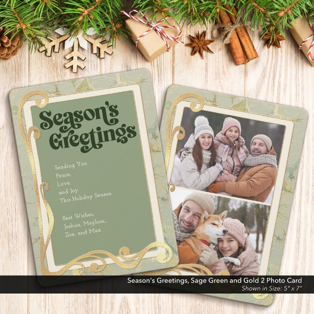Tarjeta fotográfica Sage Green & Gold 2 (Season's Greetings, Sage Green and Gold Holiday Two (2) Photo Greeting Card)