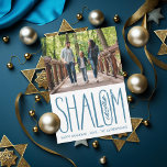 Tarjeta fotográfica Shalom Lettering Hanukkah<br><div class="desc">"shalom" grabado a mano con rama de olivo esbozada,  color editable y escala; mensaje opcional en la parte de atrás o añadir más fotos</div>