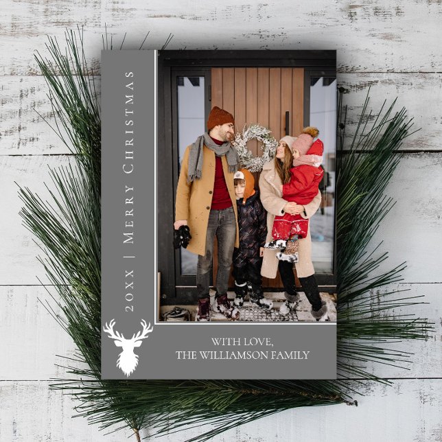 Tarjeta fotográfica simple de Navidad para renos | (Gray Simple Reindeer Christmas Photo Card)
