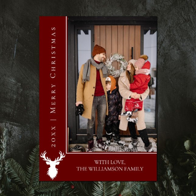 Tarjeta fotográfica simple de Navidad para renos | (Red Simple Reindeer Christmas Photo Card)