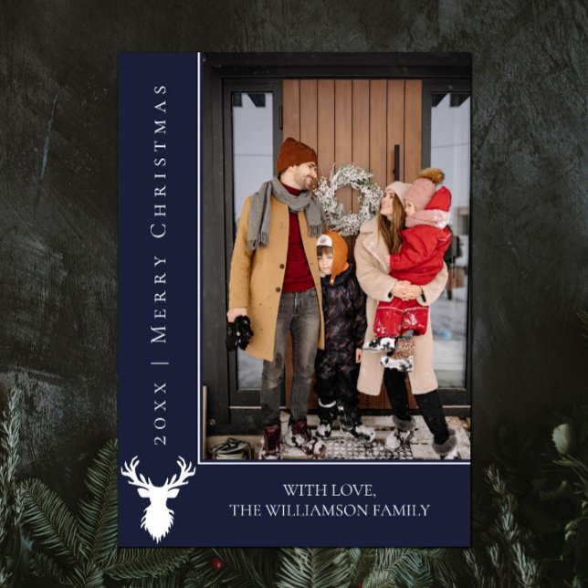 Tarjeta fotográfica simple de Navidad para renos | (Blue Simple Reindeer Christmas Photo Card)