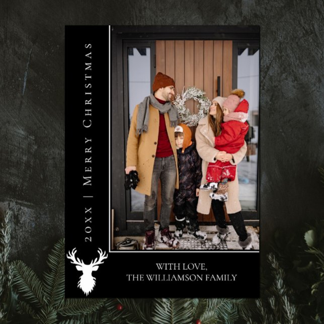 Tarjeta fotográfica simple de Navidad para renos | (Black Simple Reindeer Christmas Photo Card)