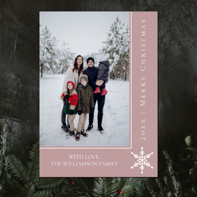 Tarjeta fotográfica simple de Snowflake para Navid (Pink Simple Snowflake Christmas Photo Card)