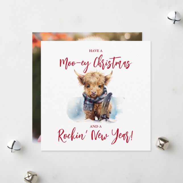 Tarjeta fotográfica Square Highland Cow Christmas (Anverso/Reverso In Situ)
