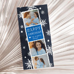 Tarjeta fotográfica Starry Photoboth Hanukkah<br><div class="desc">La tarjeta de fotos Cute Hanukkah cuenta con una tira de fotos con tres fotos y un panel de texto azul vibrante con tu saludo de Hanukkah y nombres en blanco,  en un fondo azul marino salpicado de copos de nieve blancos dibujados a mano y estrellas de David.</div>