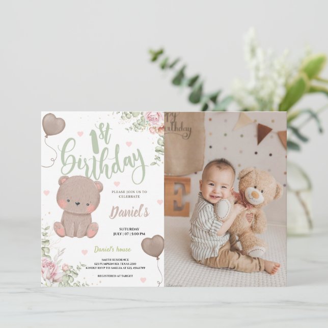Tarjeta fotográfica Teddy Bear First Birthday Invi (Anverso de pie)