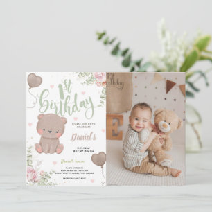 Tarjeta fotográfica Teddy Bear First Birthday Invi
