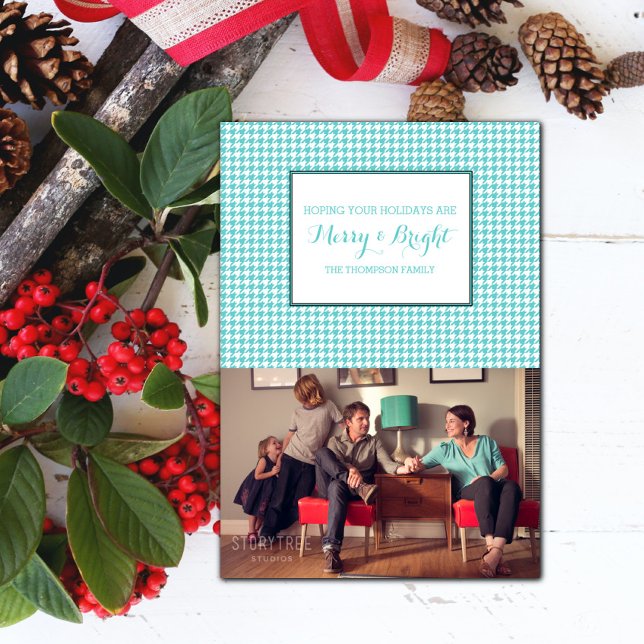 Tarjeta fotográfica Turquoise Houndstoth (Turquoise Houndstooth Holiday Photo Card)