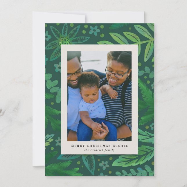 Tarjeta fotográfica verde botánica de Navidad (Anverso)