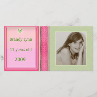 Tarjeta fotográfica verde y rosa para personalizad