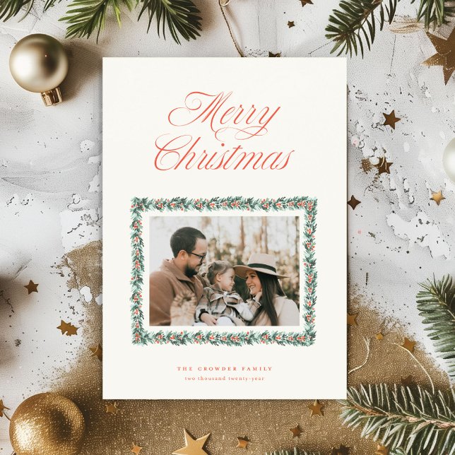 Tarjeta fotográfica Watercolor Pine Border (Classic holiday card featuring watercolor pine boughs and berries)