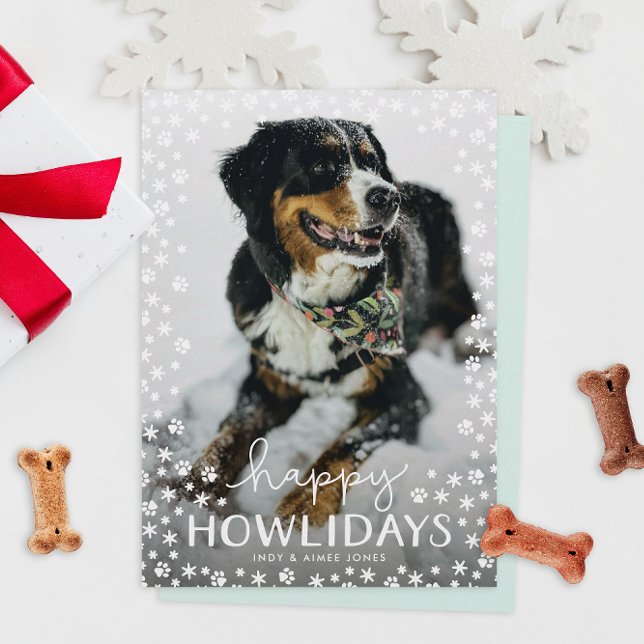 Tarjeta fotográfica White Happy Howlidays Pet Love (snowflakes and paw prints happy howlidays pet parent Christmas holiday photo cards)