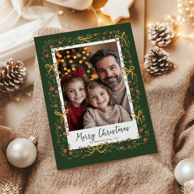 Tarjeta fotográfica Wreath and Bows de Navidades c (Whimsical Christmas Wreath holiday family photo card)