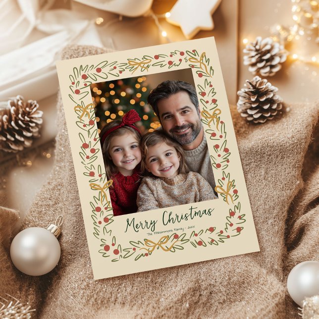 Tarjeta fotográfica Wreath and Bows de Navidades c (Whimsical Christmas Wreath holiday family photo card)