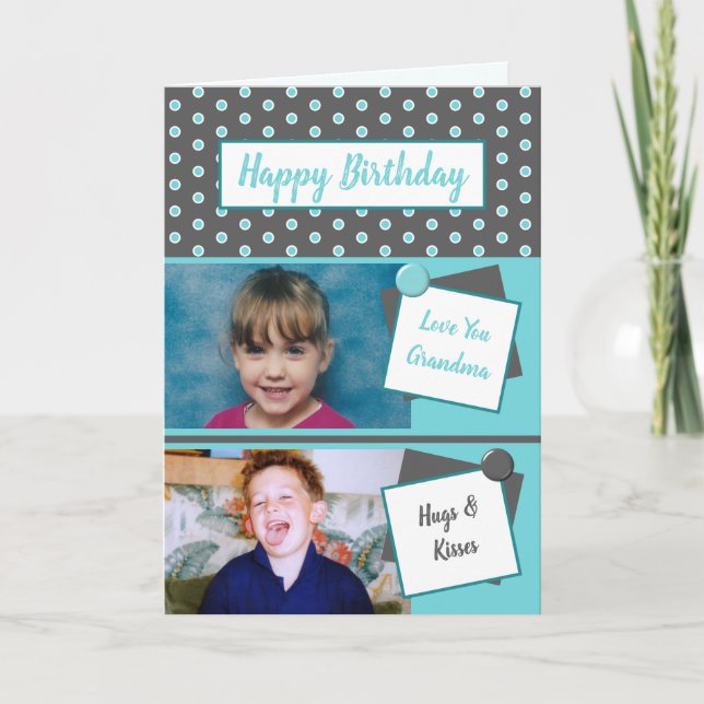 Tarjeta Fotomontaje turquesa gris de la abuela Cumpleaños (Anverso)