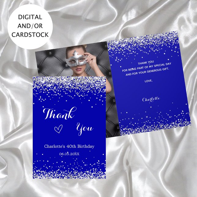 Tarjeta Fotos de cumpleaños de plata azul real gracias (Subido por el creador)
