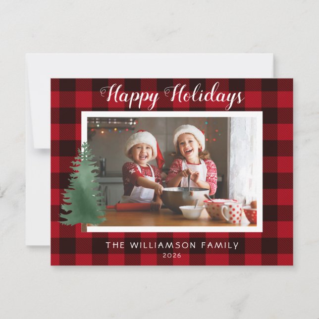 Tarjeta Fotos de la familia Rustic Happy Holidays Plaid (Anverso)