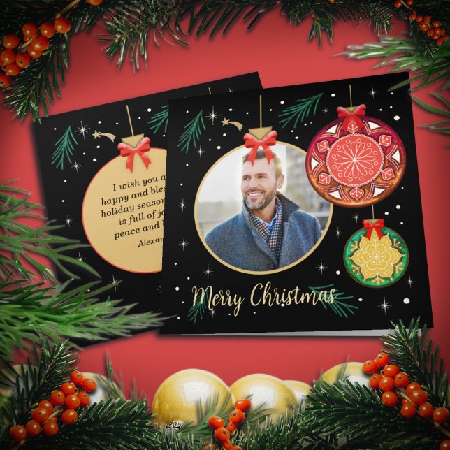 Tarjeta Fotos de ornamentos navideños de Feliz Personaliza (Subido por el creador)