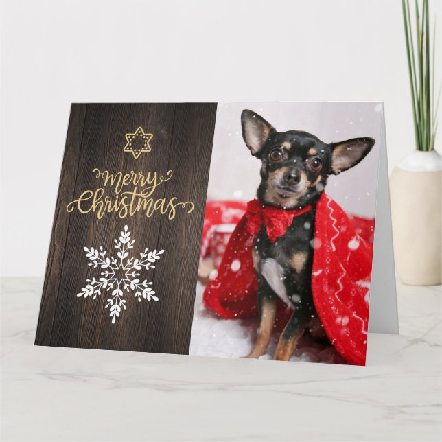 Tarjeta Fotos de Snowflake y Perro de Madera de Navidad (Anverso)