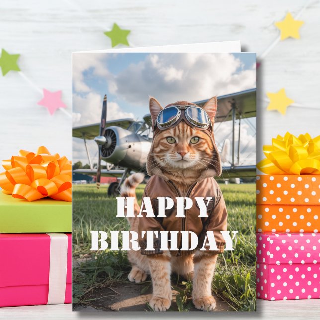 Tarjeta Fotos del piloto de gatos de cumpleaños y aviación (Subido por el creador)