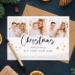 Tarjeta Fotos personalizadas Saludo de feriado de Navidade<br><div class="desc">Usa estas elegantes tarjetas de Navidad modernas con tus fotos personalizados,  nombres y mensajes de vacaciones personalizados para desear a tus amigos y familia una Feliz Navidad. Incluso puede cambiar el patrón y el color de la parte posterior.</div>
