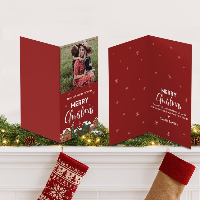 Tarjeta Fotos rojas tradicionales Feliz Navidad (Traditional Red Photo Merry Christmas Greeting Card)