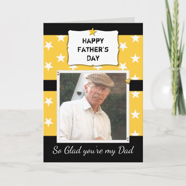 Tarjeta Fotos saludas en negro y amarillo del Día del Padr (Anverso)